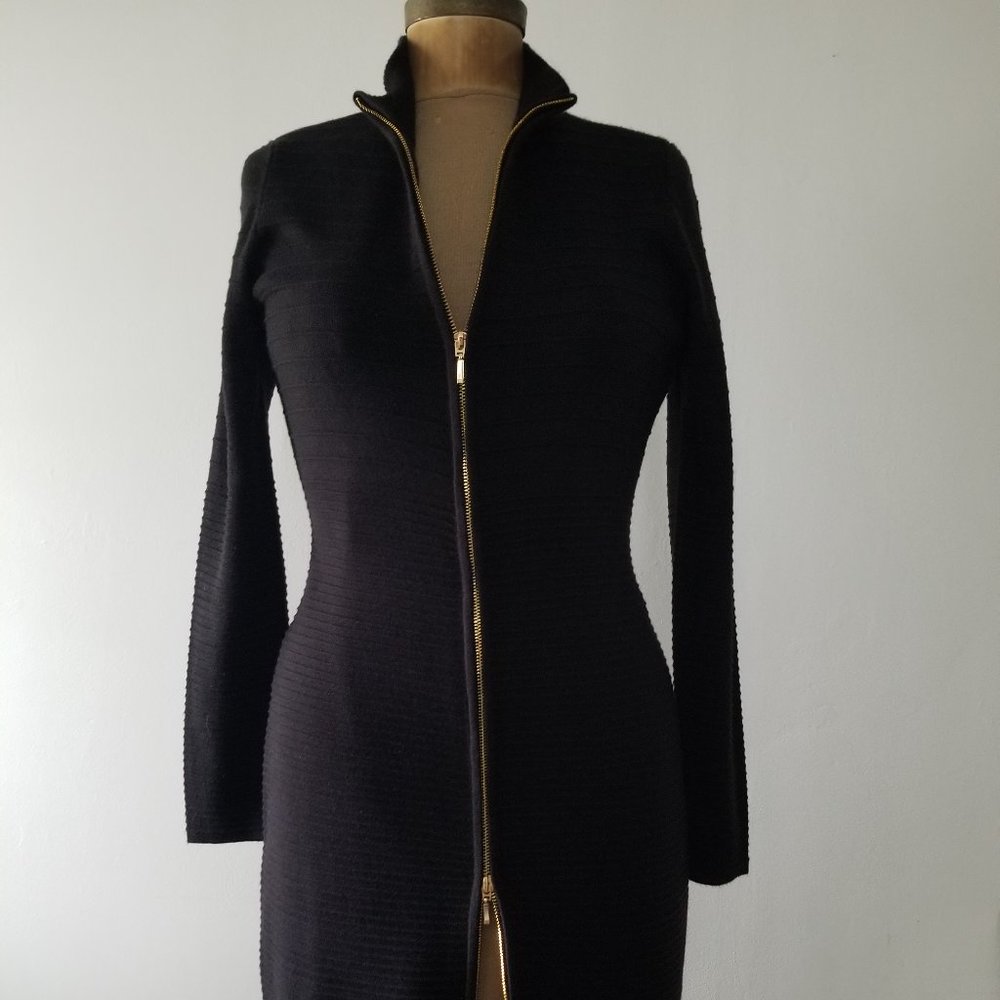 Calvin Klein Dress Black Bodycon Knitted Gold Zip Sweater Size Large